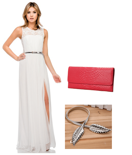 bright clutch or handbag with white dress