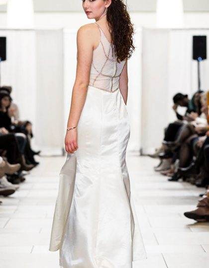 Ivory modern designer back detail custom wedding prom dress