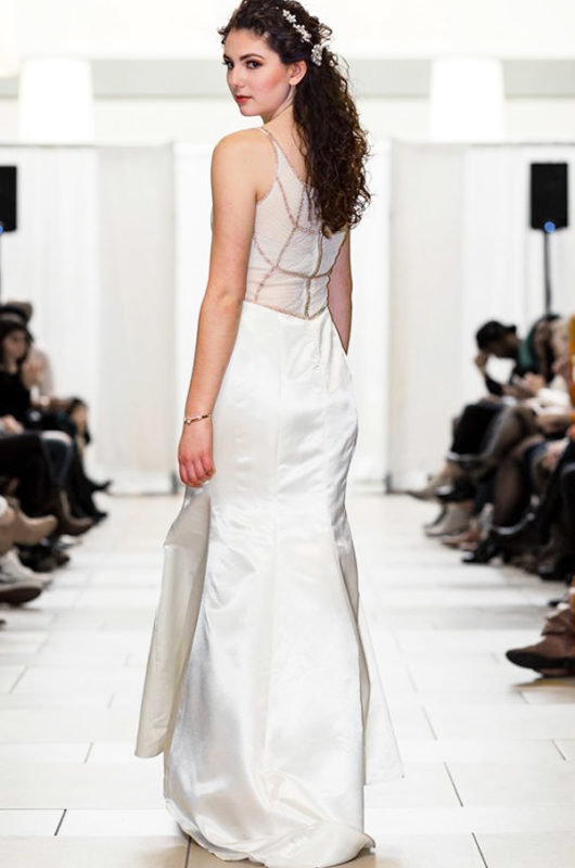 Ivory modern designer back detail custom wedding prom dress