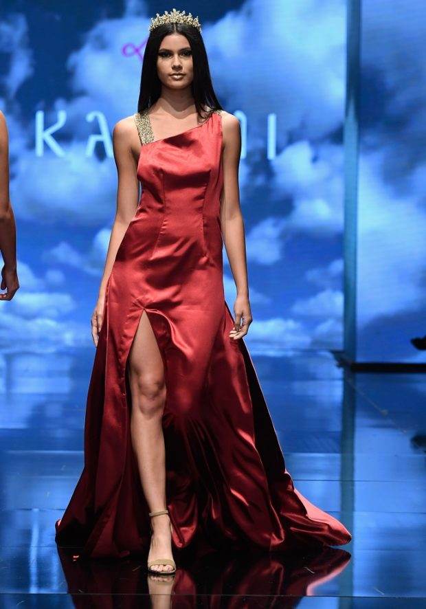 red silk satin long dress gold sequin partywear designer boutique bellevue