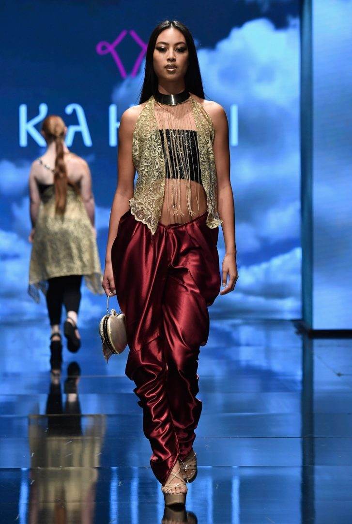 red silk satin pants gold sequin designer boutique bellevue